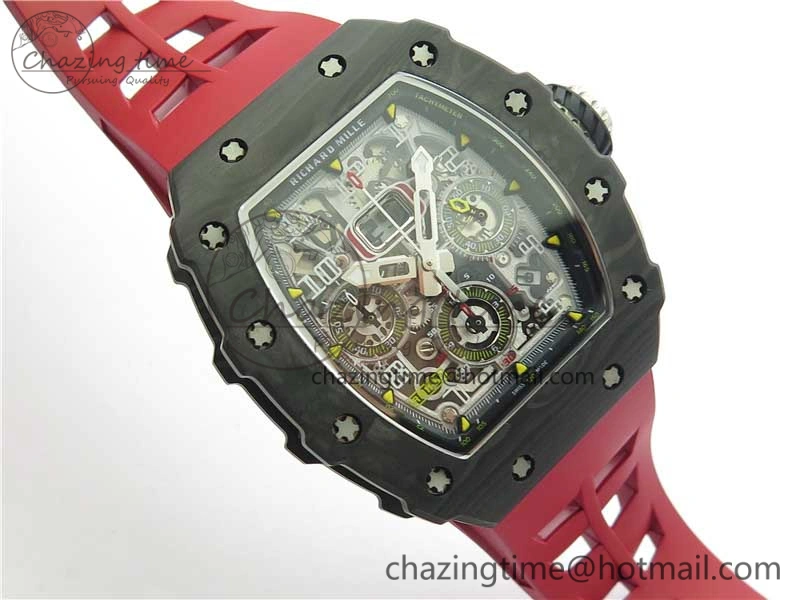 RM011 Carbon Case Chrono KVF 1:1 Best Edition Crystal Skeleton Yellow Dial on Red Racing Rubber Strap A7750 V FreshLook 9439