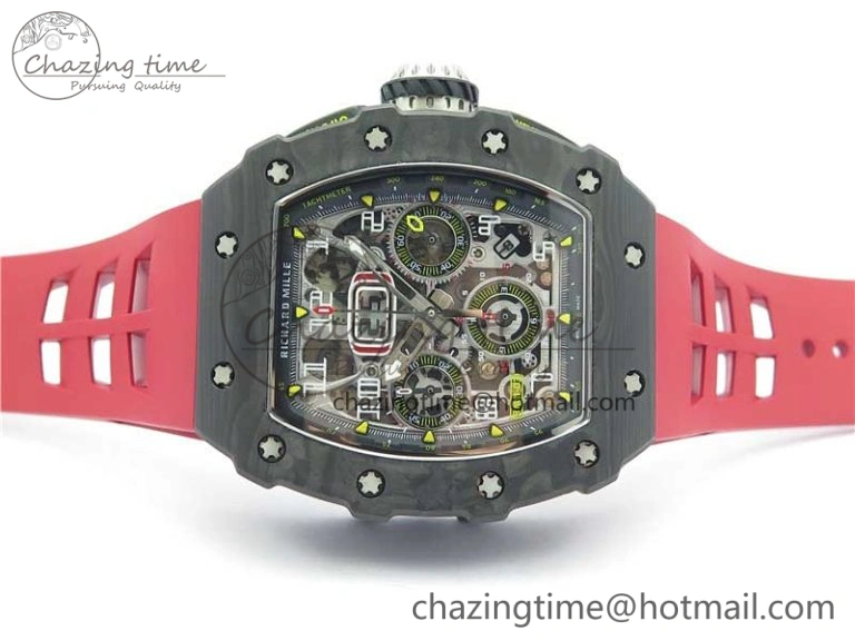 RM011 Carbon Case Chrono KVF 1:1 Best Edition Crystal Skeleton Yellow Dial on Red Racing Rubber Strap A7750 V FreshLook 9439