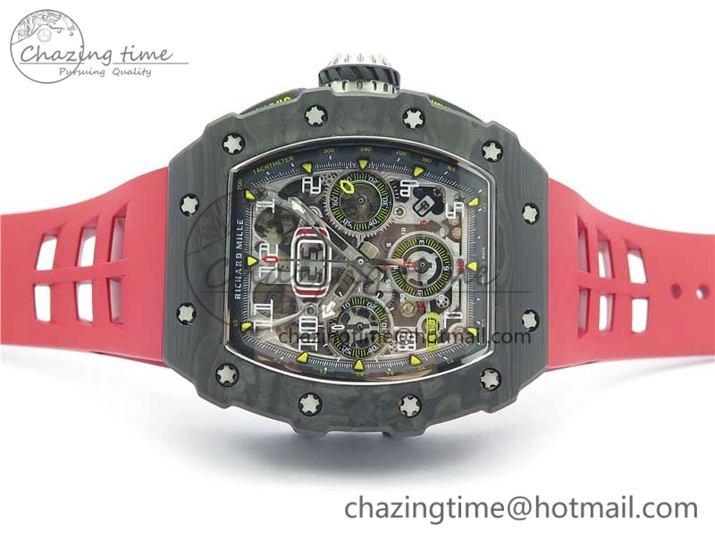 RM011 Carbon Case Chrono KVF 1:1 Best Edition Crystal Skeleton Yellow Dial on Red Racing Rubber Strap A7750 V FreshLook 9439