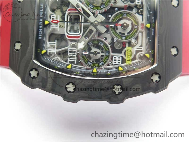 RM011 Carbon Case Chrono KVF 1:1 Best Edition Crystal Skeleton Yellow Dial on Red Racing Rubber Strap A7750 V FreshLook 9439