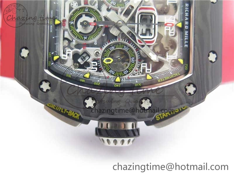 RM011 Carbon Case Chrono KVF 1:1 Best Edition Crystal Skeleton Yellow Dial on Red Racing Rubber Strap A7750 V FreshLook 9439
