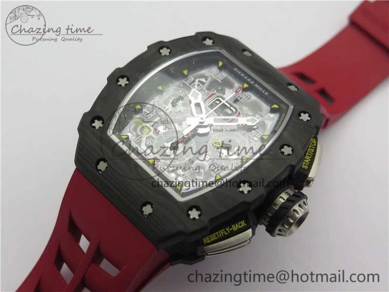 RM011 Carbon Case Chrono KVF 1:1 Best Edition Crystal Skeleton Yellow Dial on Red Racing Rubber Strap A7750 V FreshLook 9439
