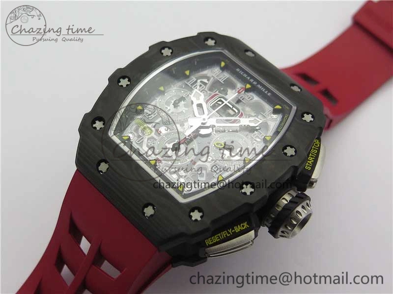 RM011 Carbon Case Chrono KVF 1:1 Best Edition Crystal Skeleton Yellow Dial on Red Racing Rubber Strap A7750 V FreshLook 9439