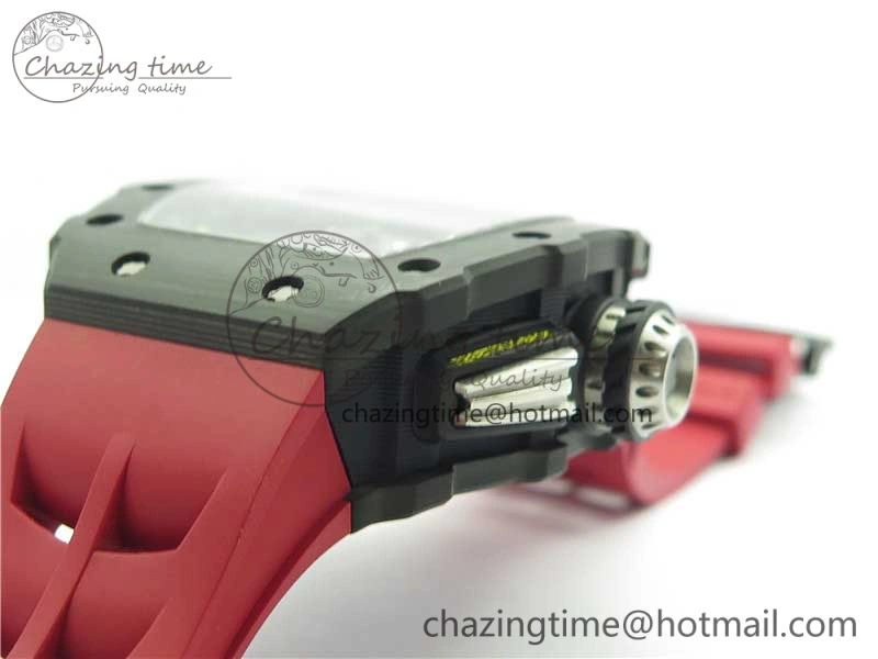 RM011 Carbon Case Chrono KVF 1:1 Best Edition Crystal Skeleton Yellow Dial on Red Racing Rubber Strap A7750 V FreshLook 9439