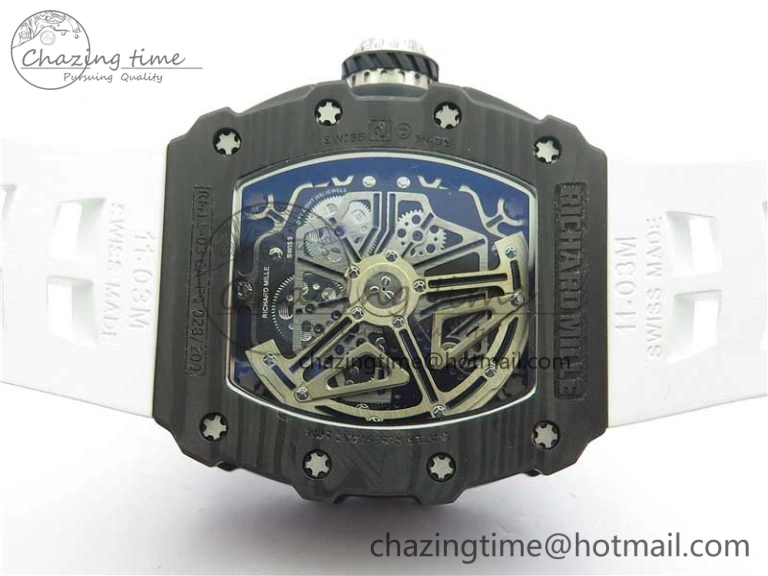 RM011 Carbon Case Chrono KVF 1:1 Best Edition Crystal Skeleton Yellow Dial on White Racing Rubber Strap A DailyWear 9436