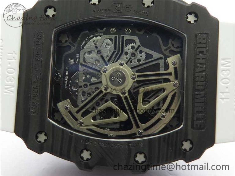 RM011 Carbon Case Chrono KVF 1:1 Best Edition Crystal Skeleton Yellow Dial on White Racing Rubber Strap A DailyWear 9436