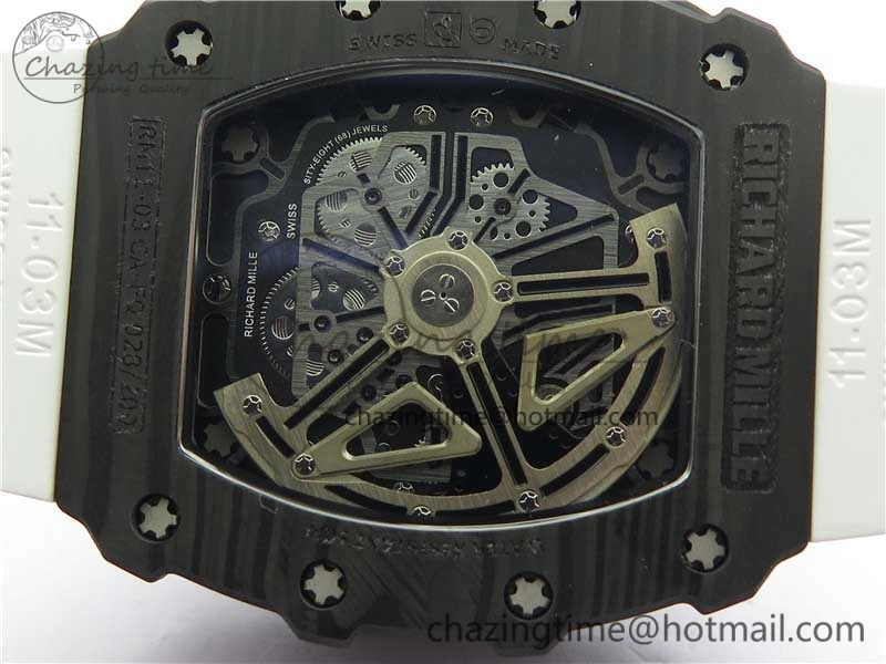 RM011 Carbon Case Chrono KVF 1:1 Best Edition Crystal Skeleton Yellow Dial on White Racing Rubber Strap A DailyWear 9436