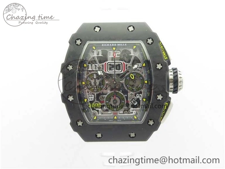 RM011 Carbon Case Chrono KVF 1:1 Best Edition Crystal Skeleton Yellow Dial on White Racing Rubber Strap A DailyWear 9436