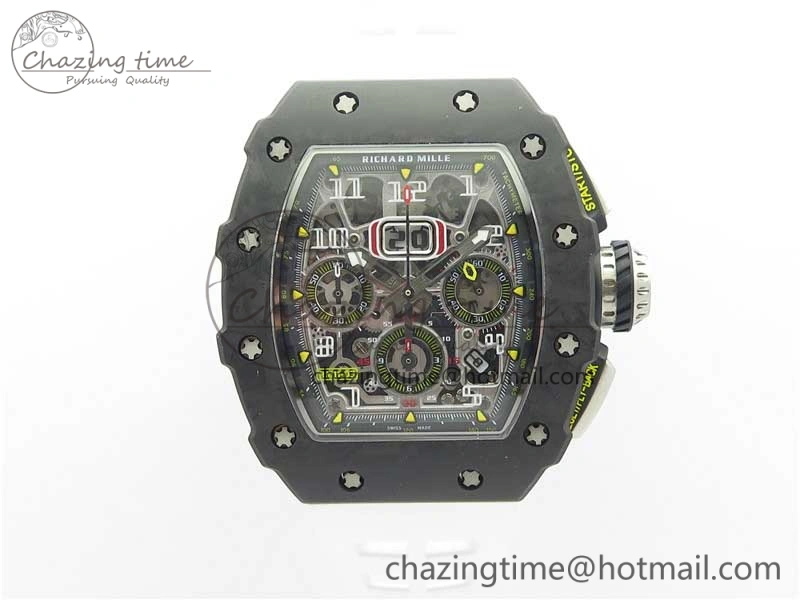 RM011 Carbon Case Chrono KVF 1:1 Best Edition Crystal Skeleton Yellow Dial on White Racing Rubber Strap A DailyWear 9436