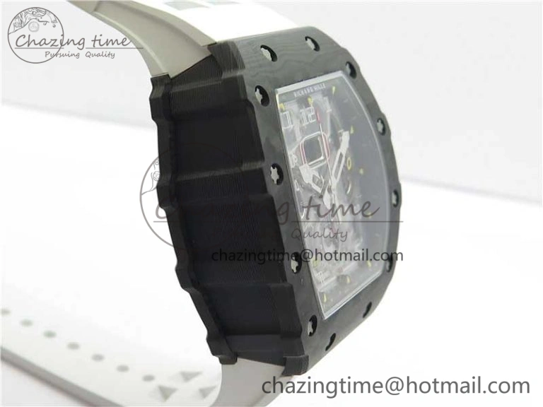 RM011 Carbon Case Chrono KVF 1:1 Best Edition Crystal Skeleton Yellow Dial on White Racing Rubber Strap A DailyWear 9436