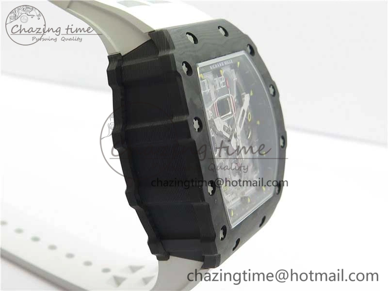 RM011 Carbon Case Chrono KVF 1:1 Best Edition Crystal Skeleton Yellow Dial on White Racing Rubber Strap A DailyWear 9436