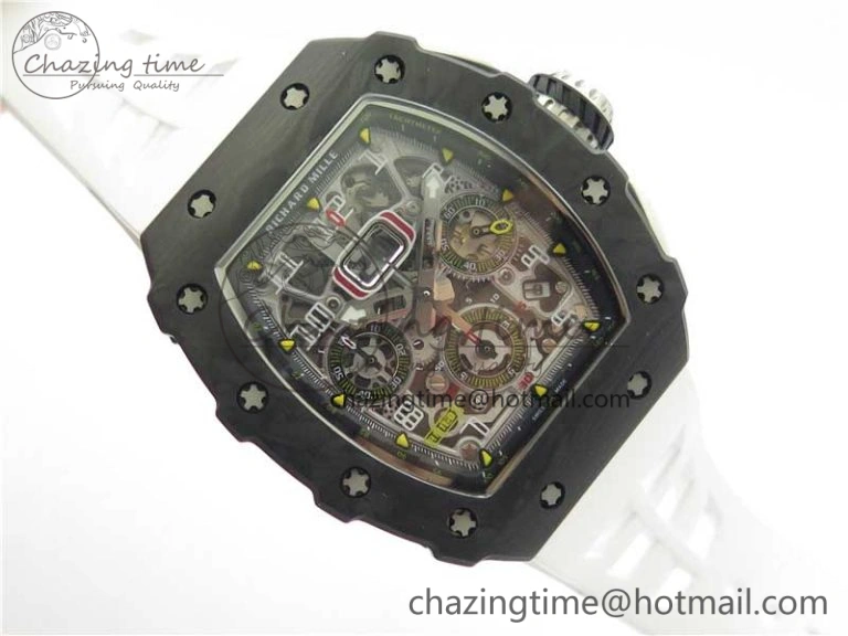RM011 Carbon Case Chrono KVF 1:1 Best Edition Crystal Skeleton Yellow Dial on White Racing Rubber Strap A DailyWear 9436