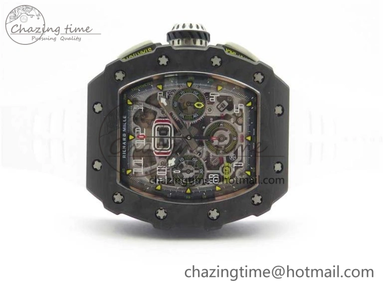 RM011 Carbon Case Chrono KVF 1:1 Best Edition Crystal Skeleton Yellow Dial on White Racing Rubber Strap A DailyWear 9436