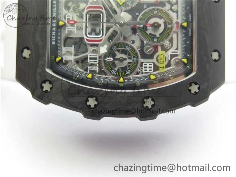 RM011 Carbon Case Chrono KVF 1:1 Best Edition Crystal Skeleton Yellow Dial on White Racing Rubber Strap A DailyWear 9436