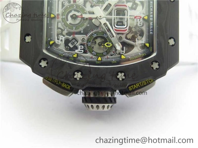 RM011 Carbon Case Chrono KVF 1:1 Best Edition Crystal Skeleton Yellow Dial on White Racing Rubber Strap A DailyWear 9436