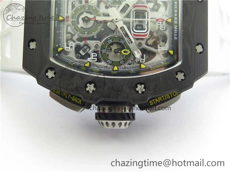 RM011 Carbon Case Chrono KVF 1:1 Best Edition Crystal Skeleton Yellow Dial on White Racing Rubber Strap A DailyWear 9436