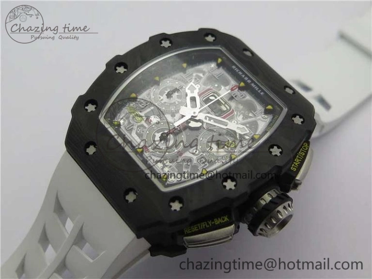 RM011 Carbon Case Chrono KVF 1:1 Best Edition Crystal Skeleton Yellow Dial on White Racing Rubber Strap A DailyWear 9436