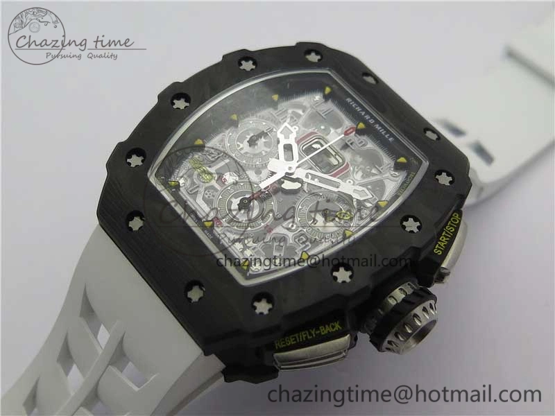 RM011 Carbon Case Chrono KVF 1:1 Best Edition Crystal Skeleton Yellow Dial on White Racing Rubber Strap A DailyWear 9436