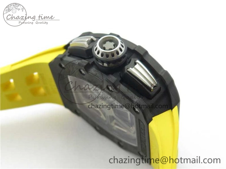 RM011 Carbon Case Chrono KVF 1:1 Best Edition Crystal Skeleton Yellow Dial on Yellow Racing Rubber Strap A7750 V UrbanChic 9437