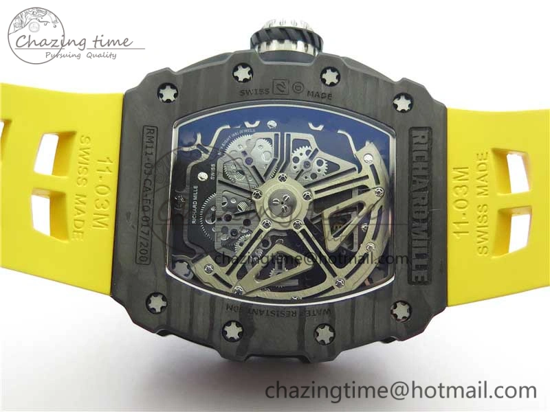 RM011 Carbon Case Chrono KVF 1:1 Best Edition Crystal Skeleton Yellow Dial on Yellow Racing Rubber Strap A7750 V UrbanChic 9437