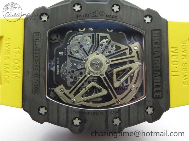 RM011 Carbon Case Chrono KVF 1:1 Best Edition Crystal Skeleton Yellow Dial on Yellow Racing Rubber Strap A7750 V UrbanChic 9437