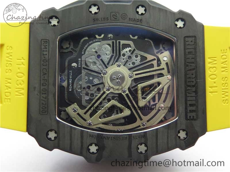 RM011 Carbon Case Chrono KVF 1:1 Best Edition Crystal Skeleton Yellow Dial on Yellow Racing Rubber Strap A7750 V UrbanChic 9437