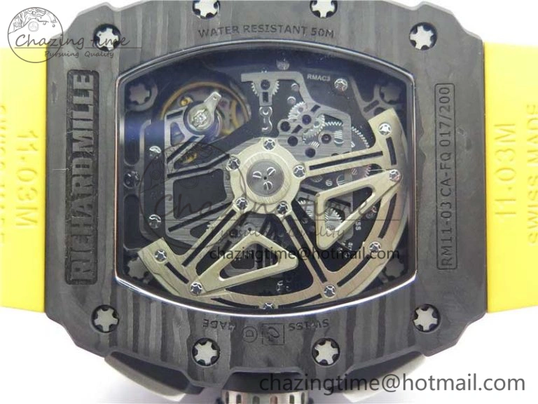 RM011 Carbon Case Chrono KVF 1:1 Best Edition Crystal Skeleton Yellow Dial on Yellow Racing Rubber Strap A7750 V UrbanChic 9437