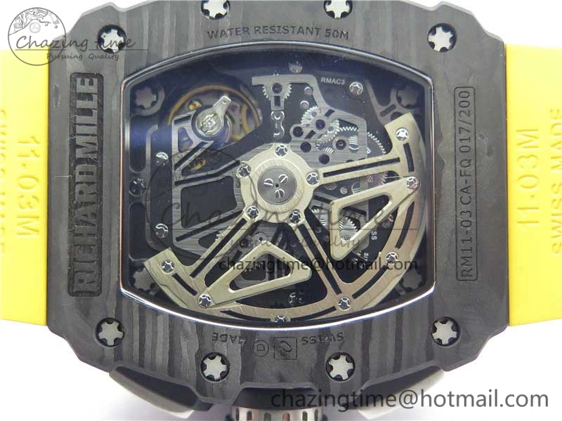 RM011 Carbon Case Chrono KVF 1:1 Best Edition Crystal Skeleton Yellow Dial on Yellow Racing Rubber Strap A7750 V UrbanChic 9437