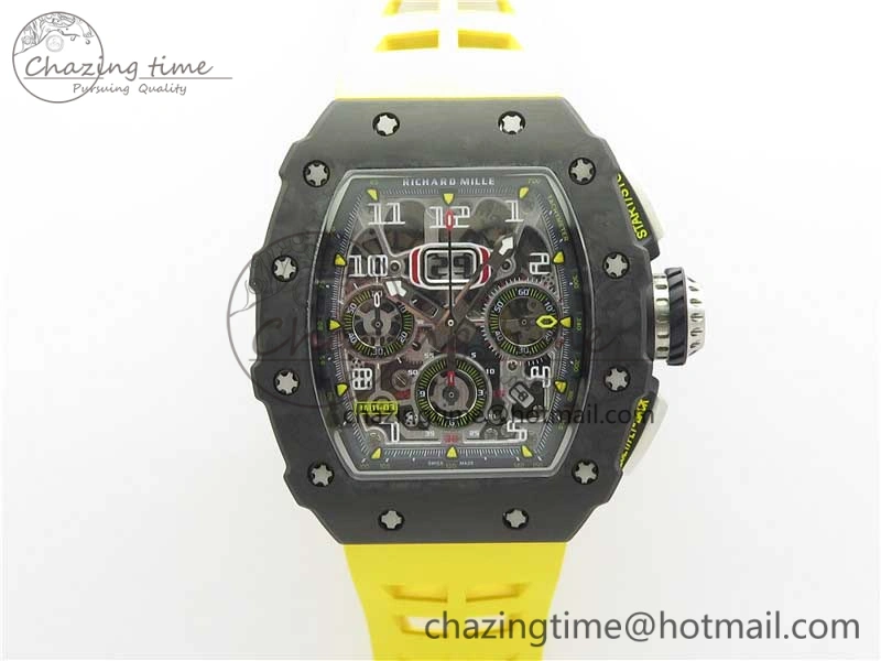 RM011 Carbon Case Chrono KVF 1:1 Best Edition Crystal Skeleton Yellow Dial on Yellow Racing Rubber Strap A7750 V UrbanChic 9437