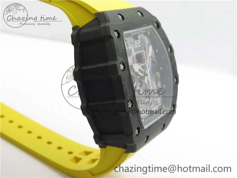 RM011 Carbon Case Chrono KVF 1:1 Best Edition Crystal Skeleton Yellow Dial on Yellow Racing Rubber Strap A7750 V UrbanChic 9437