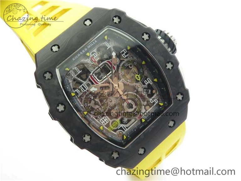 RM011 Carbon Case Chrono KVF 1:1 Best Edition Crystal Skeleton Yellow Dial on Yellow Racing Rubber Strap A7750 V UrbanChic 9437