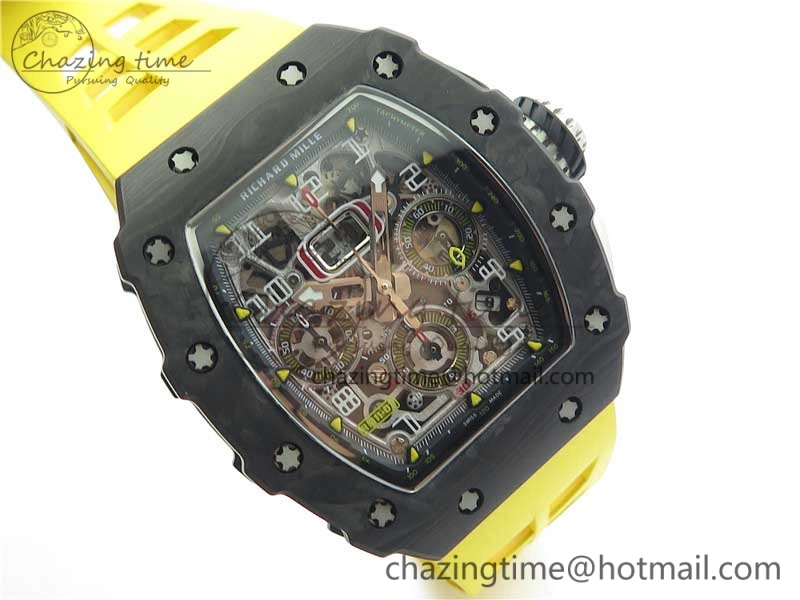 RM011 Carbon Case Chrono KVF 1:1 Best Edition Crystal Skeleton Yellow Dial on Yellow Racing Rubber Strap A7750 V UrbanChic 9437