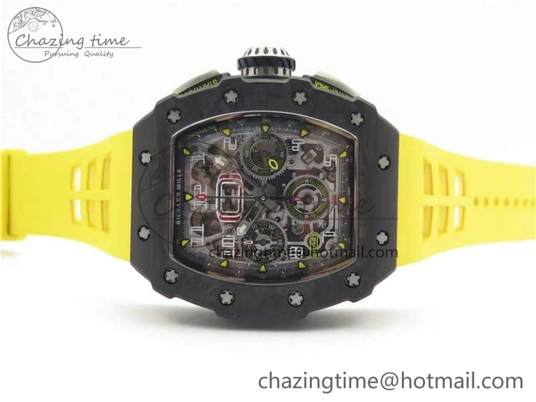 RM011 Carbon Case Chrono KVF 1:1 Best Edition Crystal Skeleton Yellow Dial on Yellow Racing Rubber Strap A7750 V UrbanChic 9437