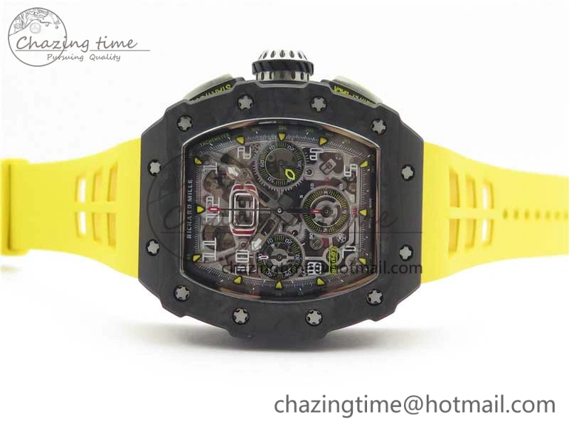 RM011 Carbon Case Chrono KVF 1:1 Best Edition Crystal Skeleton Yellow Dial on Yellow Racing Rubber Strap A7750 V UrbanChic 9437