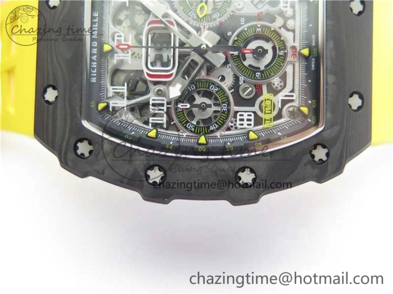 RM011 Carbon Case Chrono KVF 1:1 Best Edition Crystal Skeleton Yellow Dial on Yellow Racing Rubber Strap A7750 V UrbanChic 9437