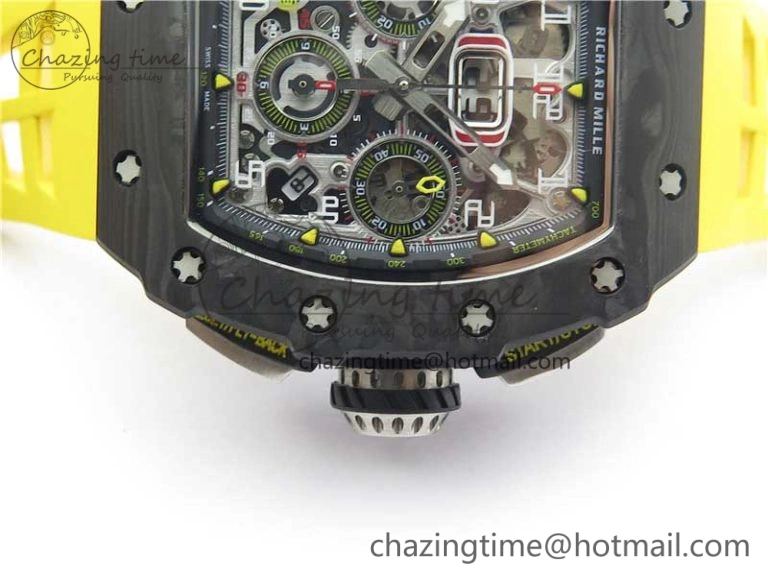 RM011 Carbon Case Chrono KVF 1:1 Best Edition Crystal Skeleton Yellow Dial on Yellow Racing Rubber Strap A7750 V UrbanChic 9437