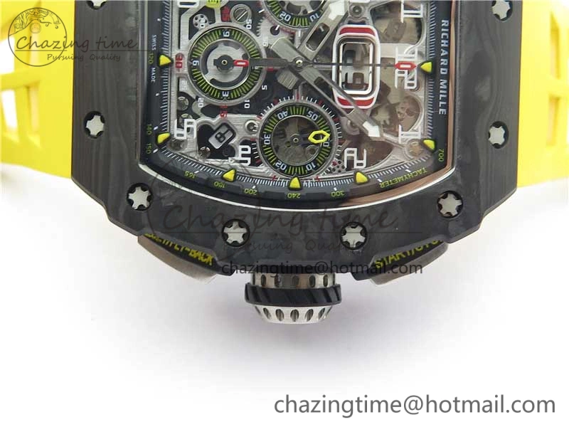 RM011 Carbon Case Chrono KVF 1:1 Best Edition Crystal Skeleton Yellow Dial on Yellow Racing Rubber Strap A7750 V UrbanChic 9437
