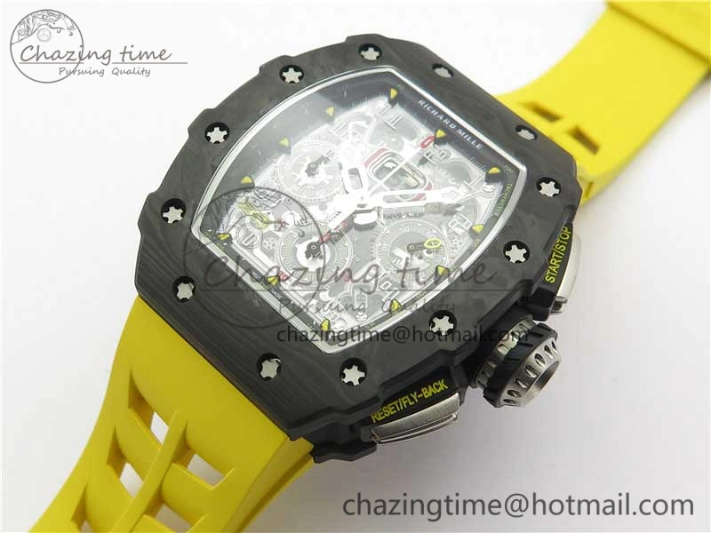 RM011 Carbon Case Chrono KVF 1:1 Best Edition Crystal Skeleton Yellow Dial on Yellow Racing Rubber Strap A7750 V UrbanChic 9437