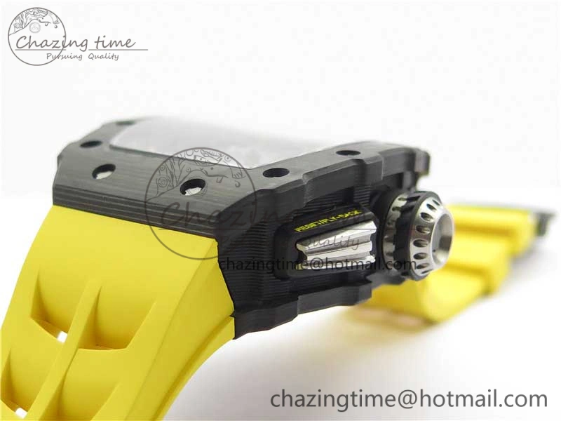 RM011 Carbon Case Chrono KVF 1:1 Best Edition Crystal Skeleton Yellow Dial on Yellow Racing Rubber Strap A7750 V UrbanChic 9437