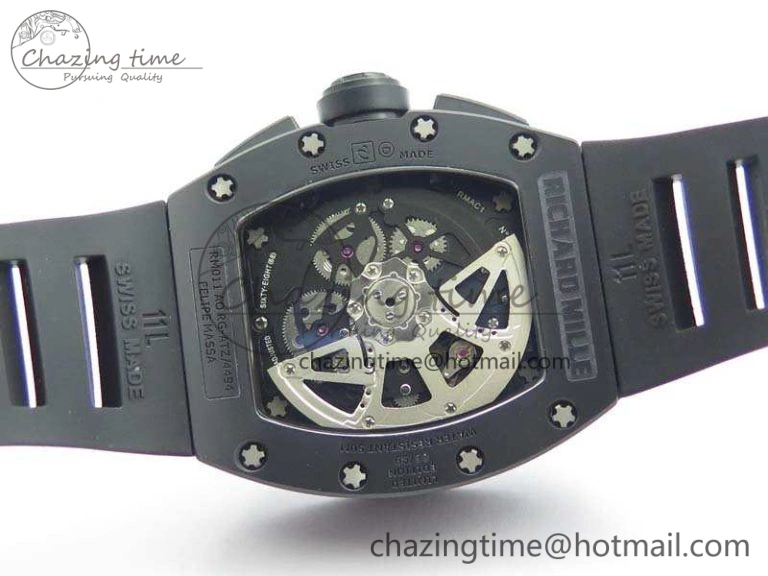 Neat RM011 Ceramic Chrono KVF 1:1 Best Edition Crystal Skeleton Dial Black On Black Rubber Strap 9528