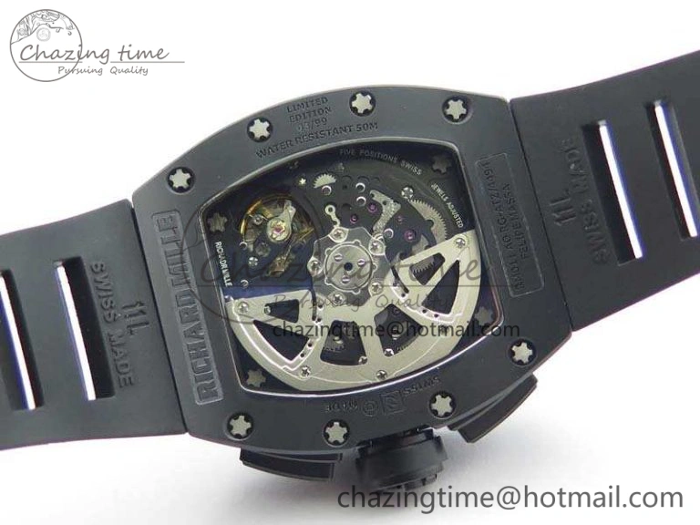 Neat RM011 Ceramic Chrono KVF 1:1 Best Edition Crystal Skeleton Dial Black On Black Rubber Strap 9528