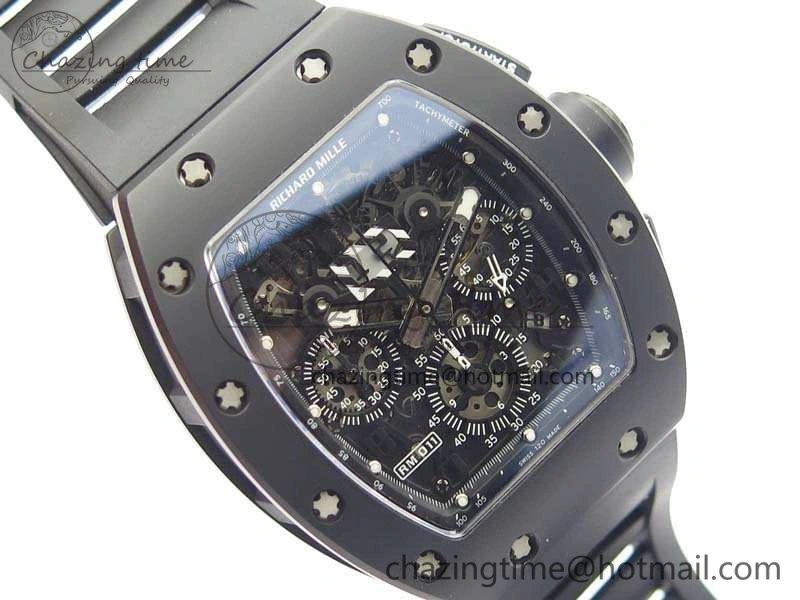 Neat RM011 Ceramic Chrono KVF 1:1 Best Edition Crystal Skeleton Dial Black On Black Rubber Strap 9528