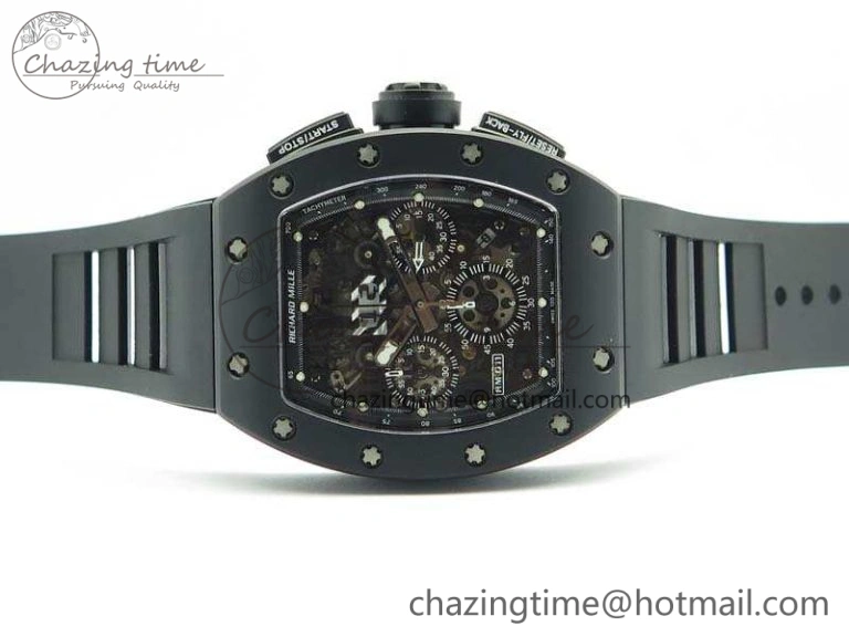 Neat RM011 Ceramic Chrono KVF 1:1 Best Edition Crystal Skeleton Dial Black On Black Rubber Strap 9528