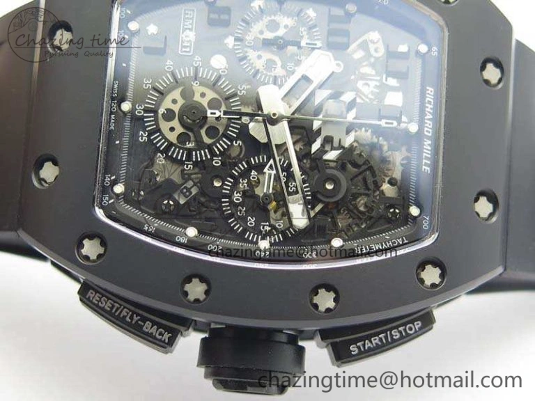 Neat RM011 Ceramic Chrono KVF 1:1 Best Edition Crystal Skeleton Dial Black On Black Rubber Strap 9528