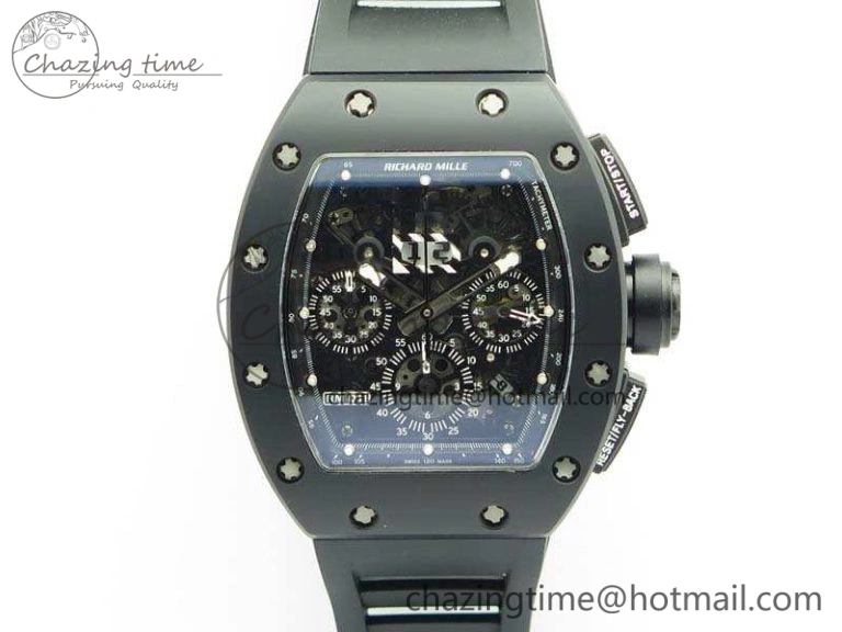 Neat RM011 Ceramic Chrono KVF 1:1 Best Edition Crystal Skeleton Dial Black On Black Rubber Strap 9528