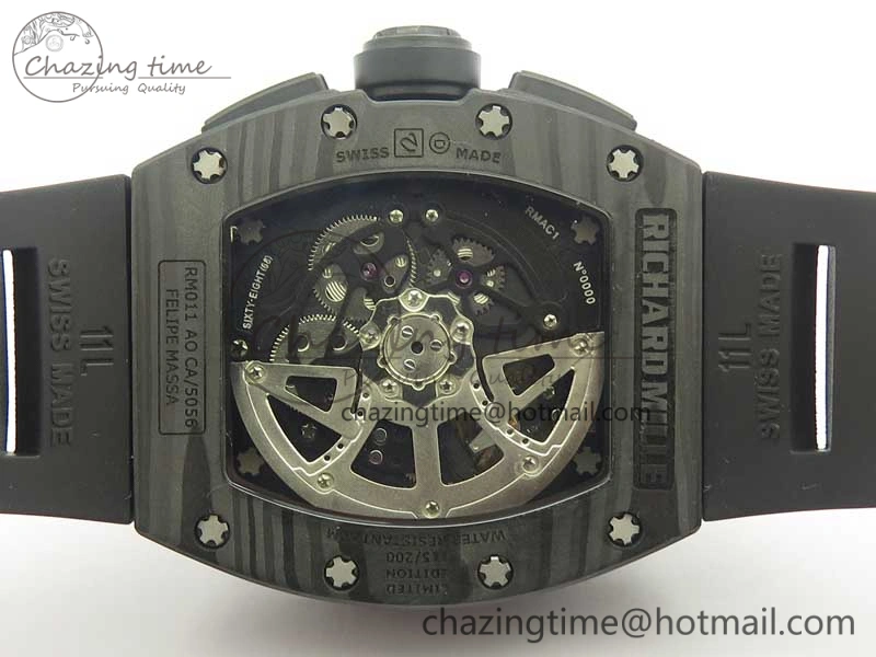 TimelessDesign RM011 NTPT Carbon Chrono KVF 1:1 Best Edition Crystal Skeleton Dial Red Inner Bezel On Black Rubber Strap A 9481
