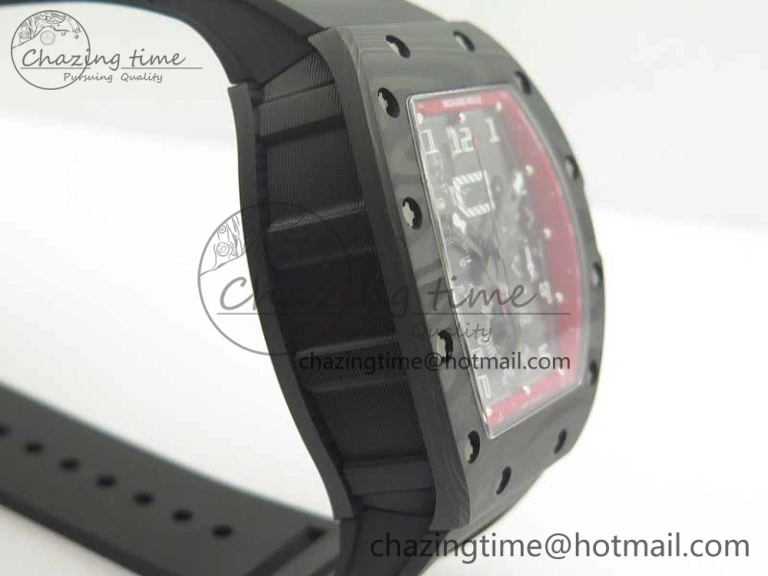 TimelessDesign RM011 NTPT Carbon Chrono KVF 1:1 Best Edition Crystal Skeleton Dial Red Inner Bezel On Black Rubber Strap A 9481