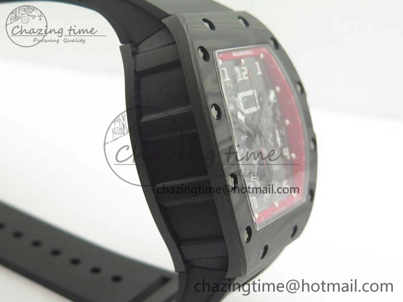 TimelessDesign RM011 NTPT Carbon Chrono KVF 1:1 Best Edition Crystal Skeleton Dial Red Inner Bezel On Black Rubber Strap A 9481