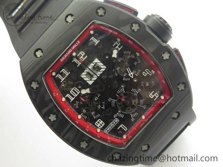 TimelessDesign RM011 NTPT Carbon Chrono KVF 1:1 Best Edition Crystal Skeleton Dial Red Inner Bezel On Black Rubber Strap A 9481