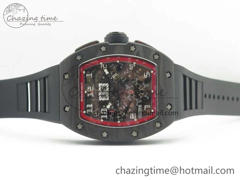 TimelessDesign RM011 NTPT Carbon Chrono KVF 1:1 Best Edition Crystal Skeleton Dial Red Inner Bezel On Black Rubber Strap A 9481